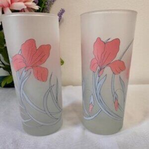 Vintage Duo Cerve Frosted Floral Highball Glasses Italy Made Tom Collins Tumbler